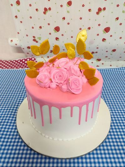 Pink Drip with Pink Roses Birthday Cake